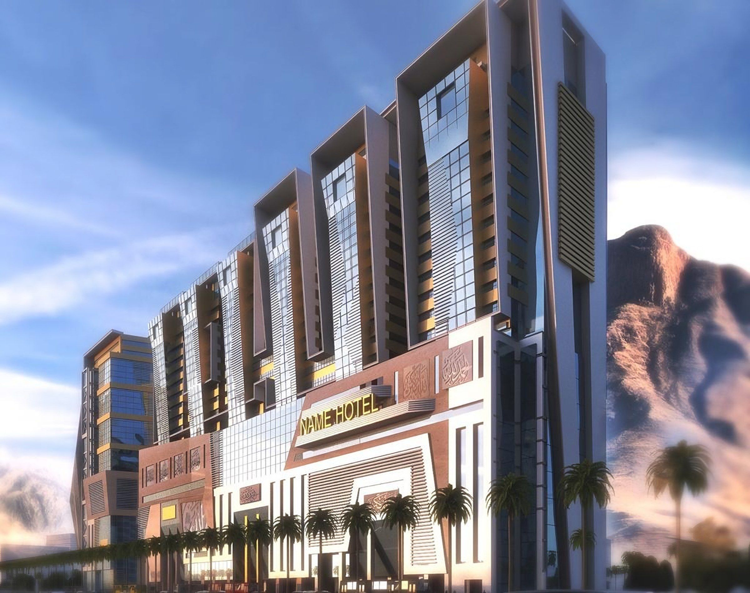 Rendering of the Al-Aziziyah Towers Complex in Makkah, with mountains behind (2)