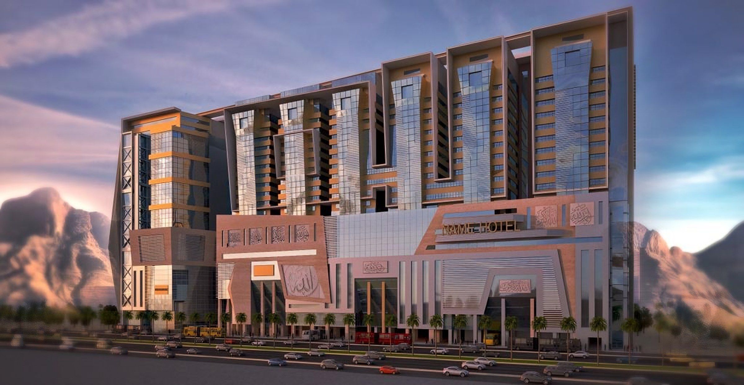 Rendering of the Al-Aziziyah Towers Complex in Makkah, with mountains behind (3)