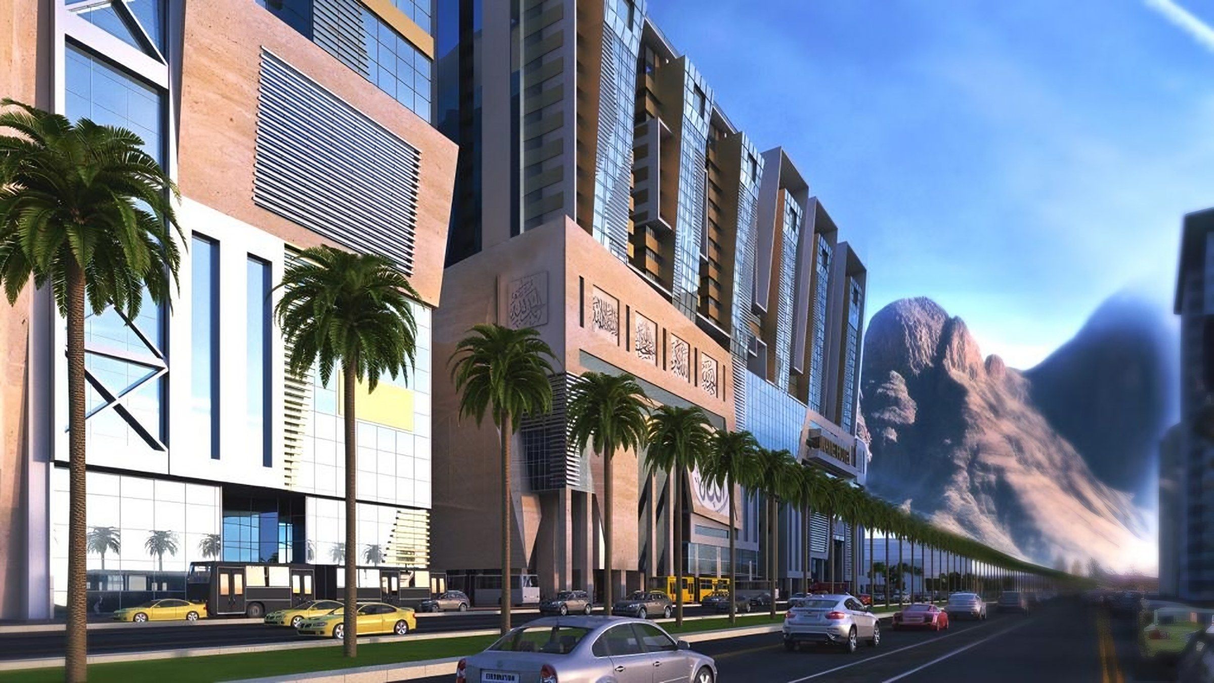 Rendering of the Al-Aziziyah Towers Complex in Makkah, with mountains behind (6)