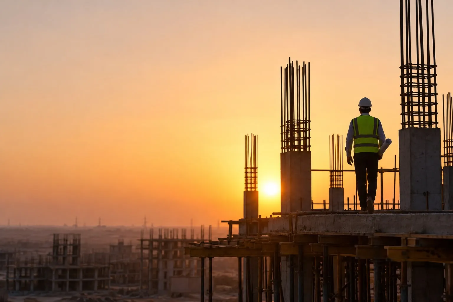 An engineer walking across a concrete slab at sunset