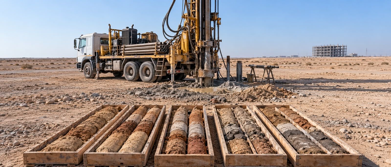 A drilling rig boring a borehole on open ground, with soil cores laid out in wooden core boxes