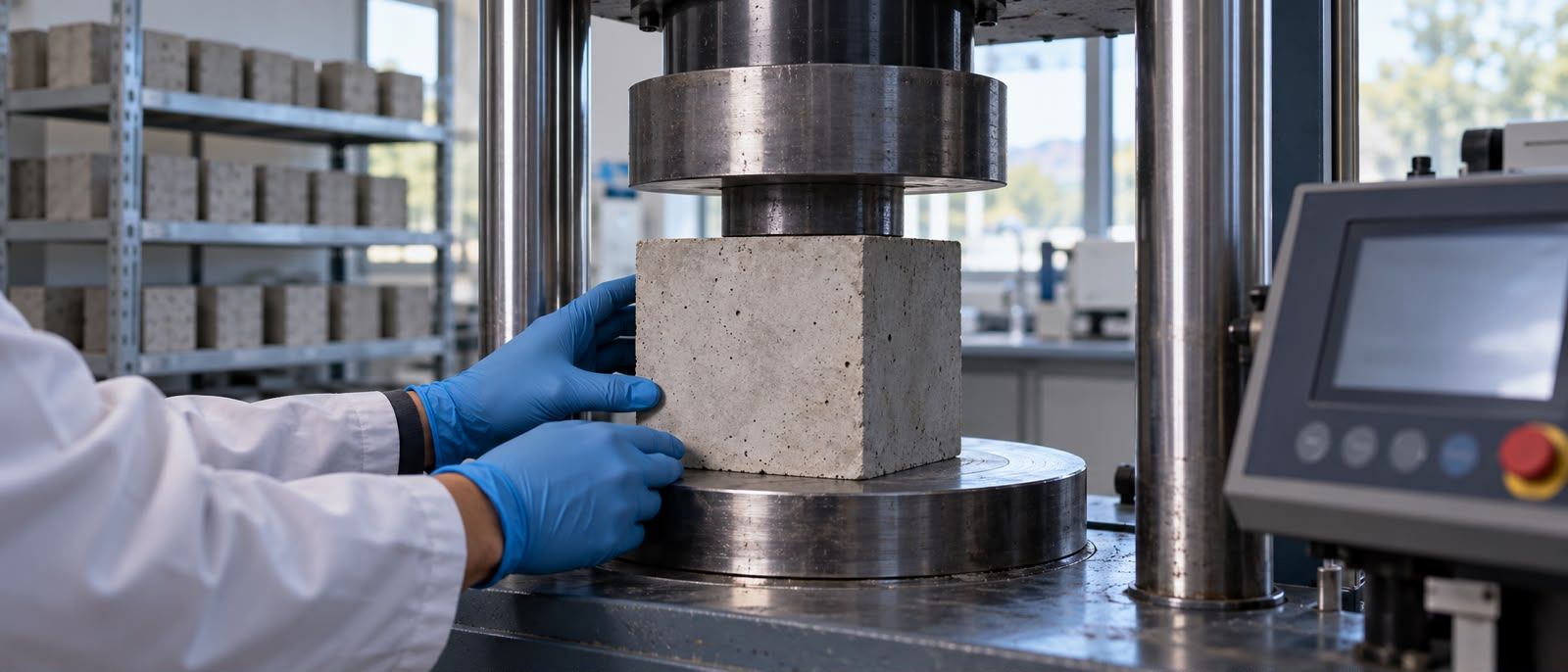 A lab technician placing a concrete test cube in a compression testing machine