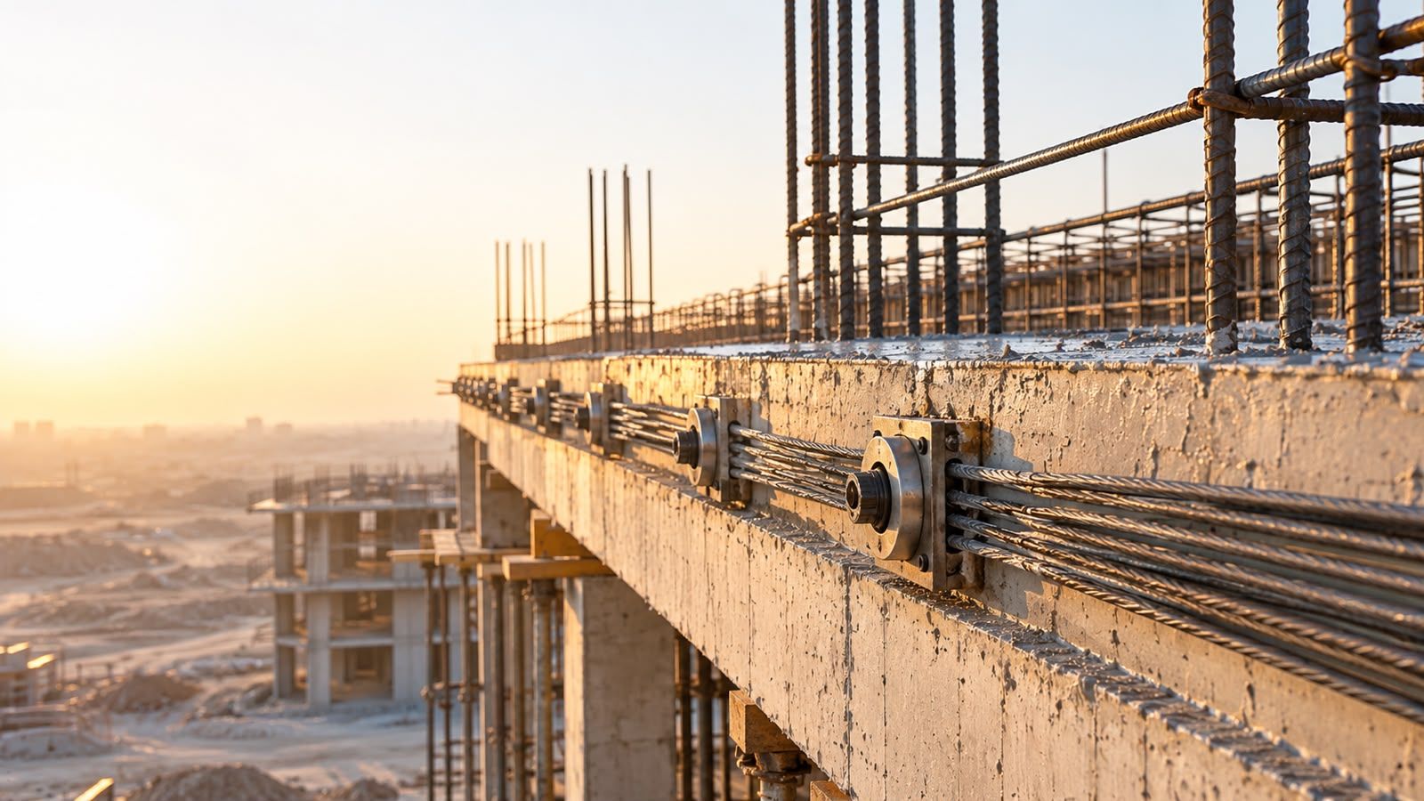 Post-tensioning anchors along the edge of a concrete slab, with rebar standing above it